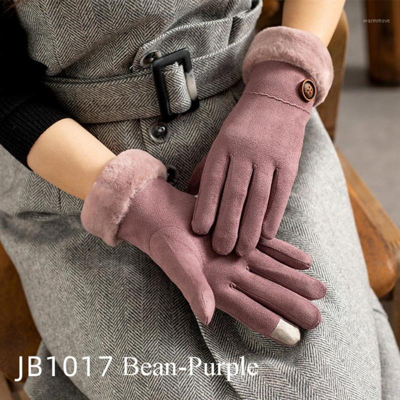 

Winter Female Double Thick Plush Wrist Warm Cashmere Cute Cycling Mittens Women Suede Leather Touch Screen Driving Glove1