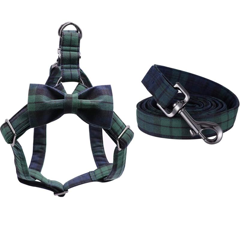 

Cotton Green Plaid Dog Harness with Bowtie and Basic Dog Leash Adjustable Buckle Pet Supplies