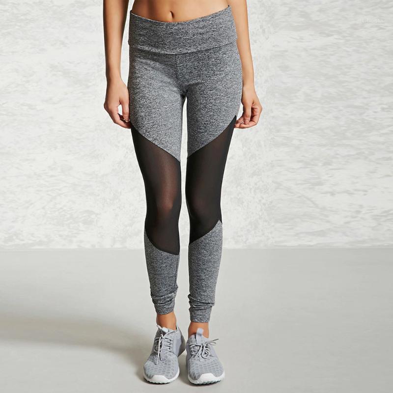 

Women Yoga Fitness Leggings Running Sportswear Gym Stretch Sports High Waist Pants Striped Mesh Patchwork Yoga Pants#201, Gray