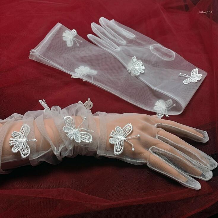 

Five Fingers Gloves Women's Elegant Embroidery Butterfly Beaded White Color Mesh Glove Female Spring Summer Transparent Sunscreen Lace