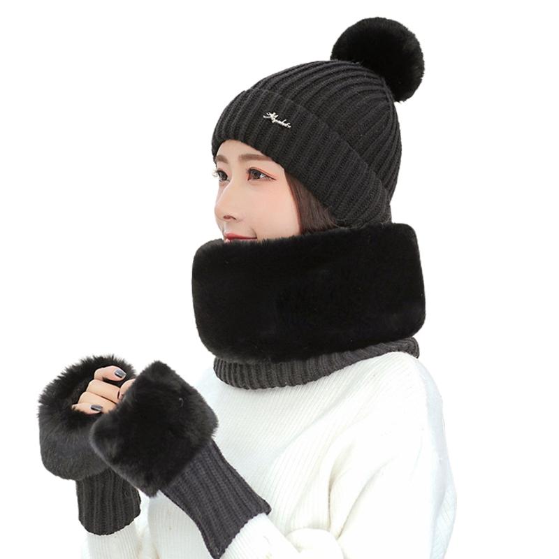 

Women Winter 3Pcs Pompom Beanie Hat Furry Circle Scarf Fingerless Gloves Set