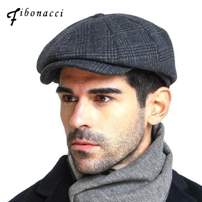 

Fibonacci 2020 New Brand Quality Wool Plaid Beret Hats For Men Caps Autumn Winter Dad Newsboy Hat, Brown
