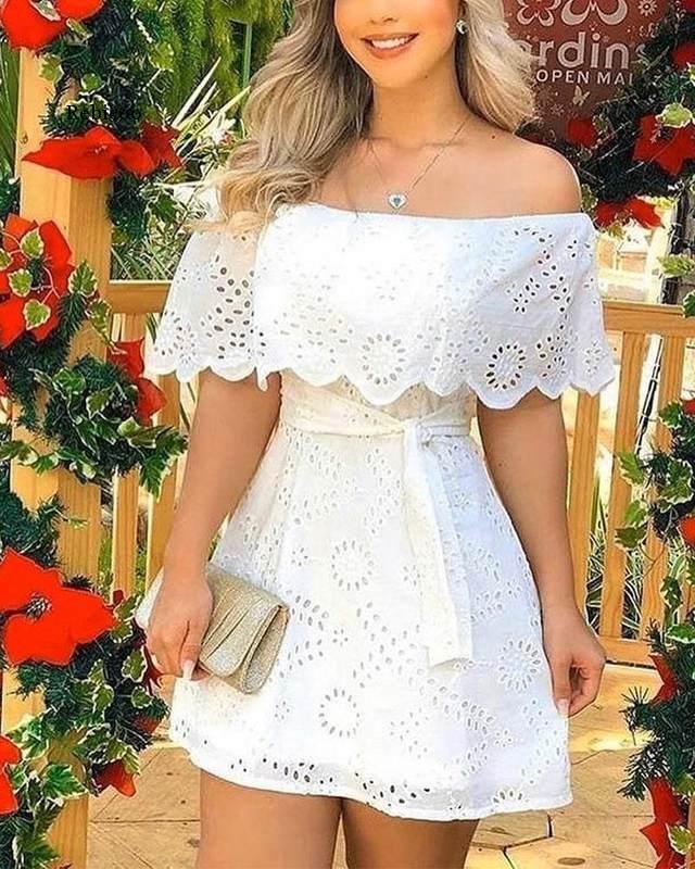 

Women Solid Off Shoulder Hole Mini Dress Casual Dress Elegant Fashion Chic, White