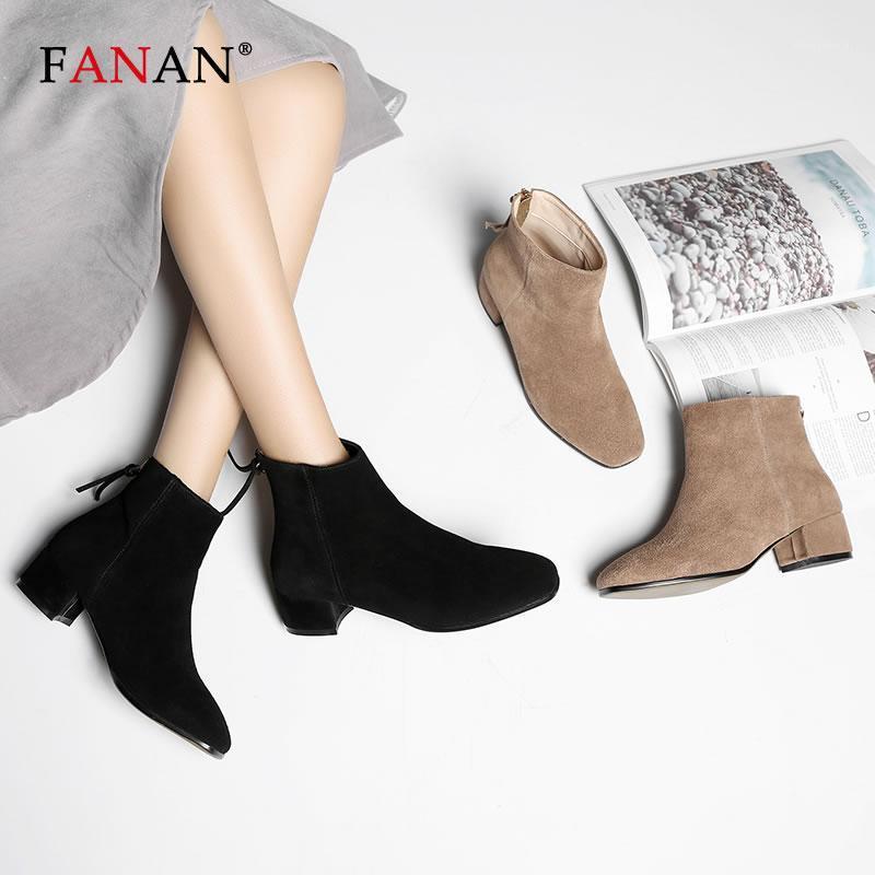 

FANAN Ankle Boots Women Top Quality Cow Suede Zip Autumn Fashion Ladies Genuine Leather Shoes Handmade Med Heel Shoes Woman1, Black