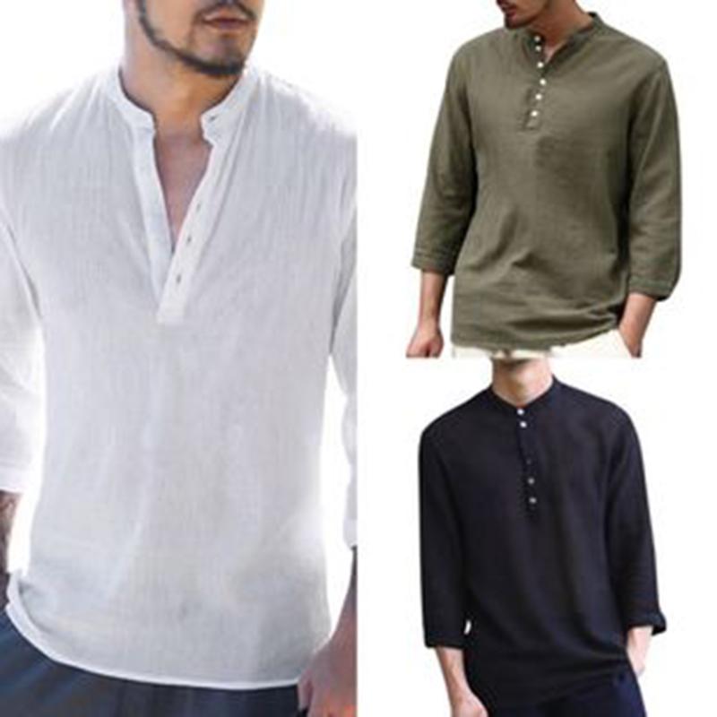 

Summer Cool Shirt Men Stand Collar Solid Color 3/4 Sleeve Shirt Fashion Hipster Men Clothes Tops Casual Button V-Neck, White