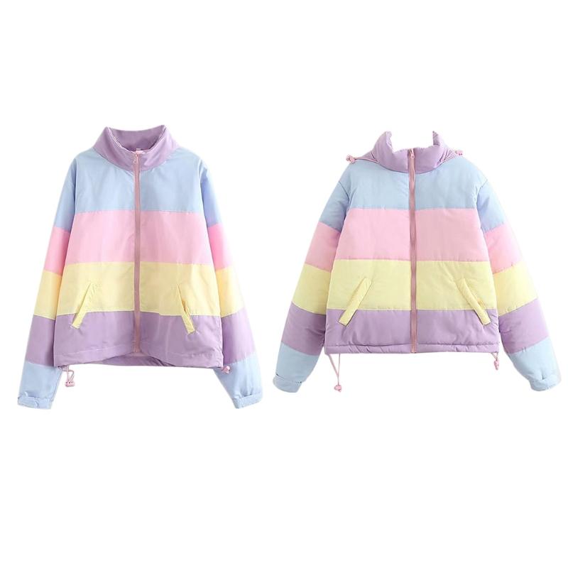 

Women Winter Padded Puffer Jacket Rainbow Stripes Hooded Drawstring Zipper Coat M5TE