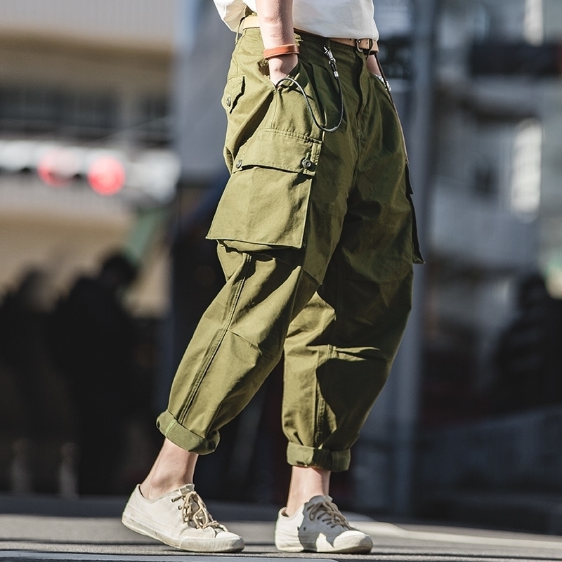 

MADEN men's loose overalls multi-pocket green casual pants cotton harem pants men 201116, White