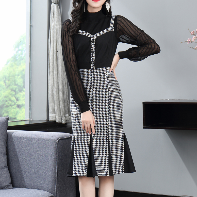 

Fall Fine Black Stretch Long Sleeve Knitted Bottom Shirt Houndstooth Dress Fishtail Suit High Quality Women' Clothes Cxxp