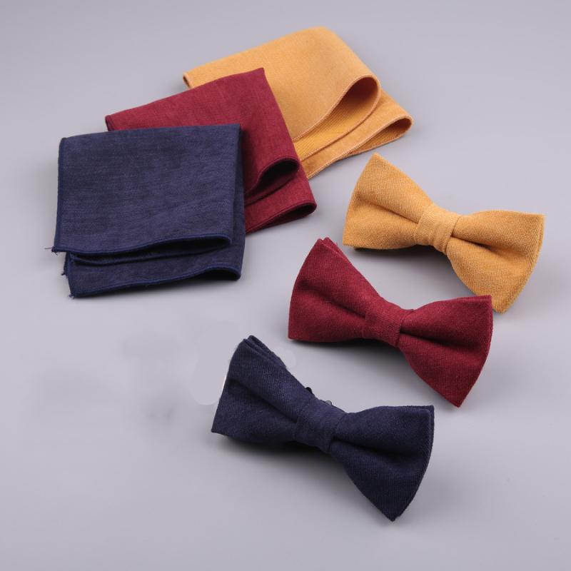 

2020 Men's Bowtie Handkerchief Set for Men Cotton Solid Bow Tie Pocket Square Set Gentlemen Wedding Bowties Custom Logo