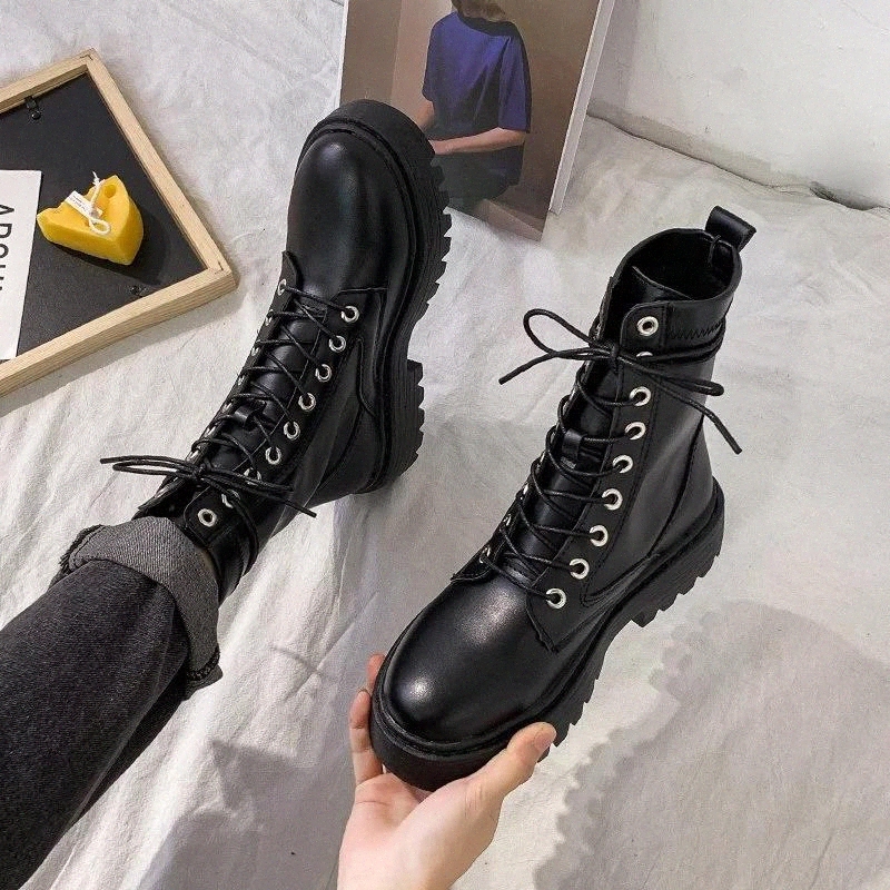 

White Black PU Leather Ankle Boots Women Autumn Winter Round Toe Lace Up Shoes Woman Fashion Motorcycle Platform Botas #5e8u