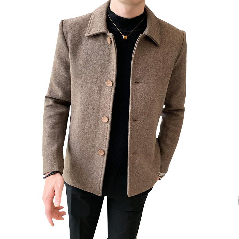 

New Autumn Winter Jacket Men's Solid Color Woolen Coat Short Windbreaker Slim Fit Handsome Wool Blends Large Size M-5XL, Beige