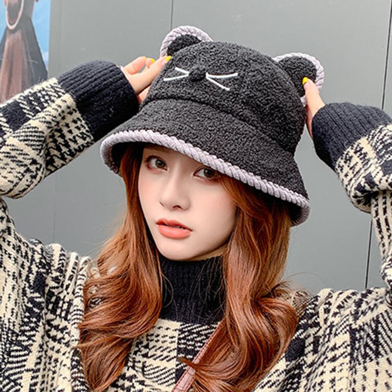 

Women Winter Plush Bucket Hat with Cute Cat Ears Flat Hats Soft Animal Printed Warm@88, Black