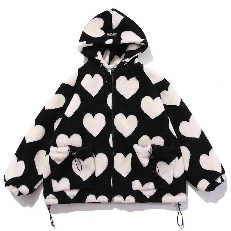 

Mens Heart-shaped Print Lambswool Winter Jacket Men Drawstring Pockets Zipper Hooded Warm Couple Streetwear Fleece Woolen Parka, Black