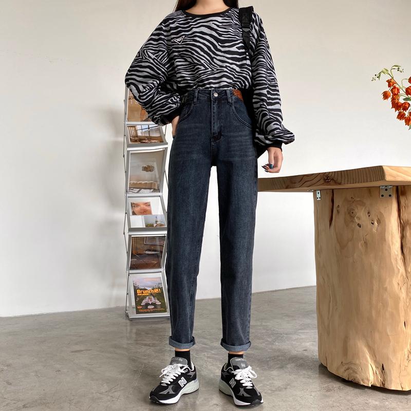

Alien Kitty 2021 New Fashionable Straight Carrot Pants Vintage High Elastic Waist Jeans Women's Simplicity Cowboy Loose Denim, Blue