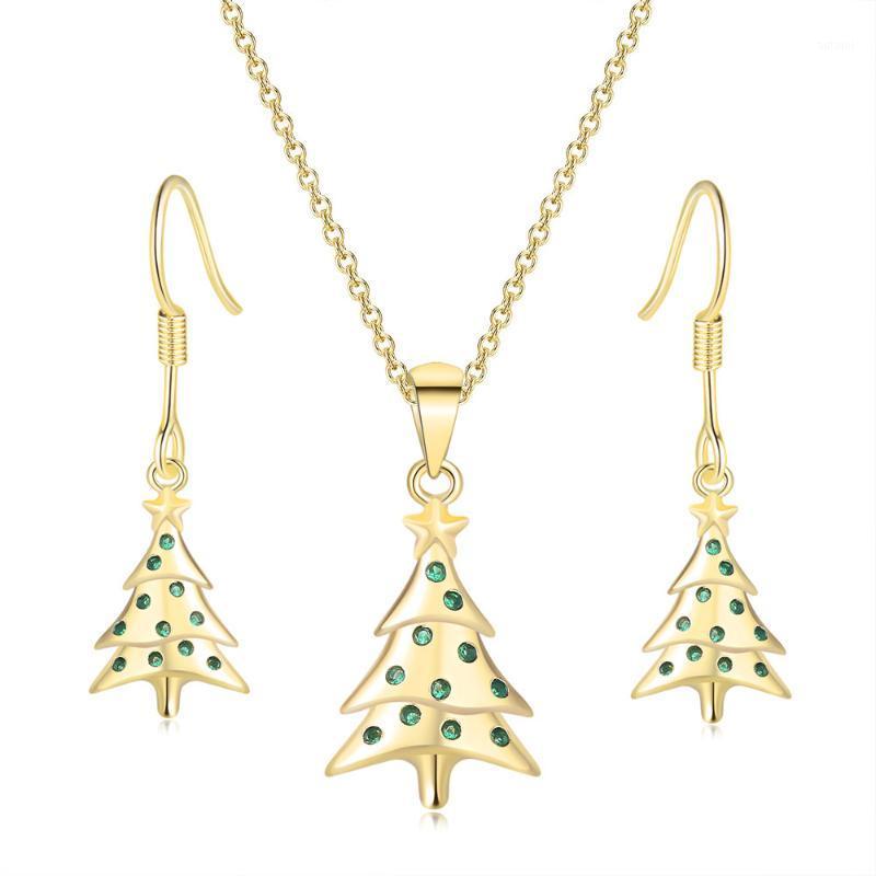 

Christmas Tree Jewelry Sets For Women Aesthetic Cute Green Zircon Light Gold Color Necklace Earrings Xmas Jewellry S5281, As pic