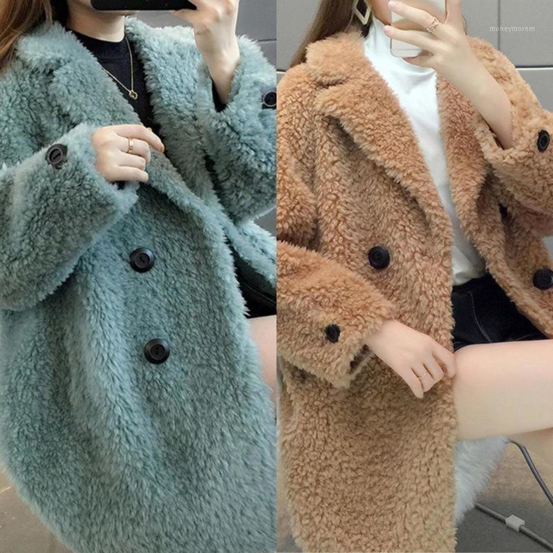 

WinterWomen 2021 Casual Warm Faux Fur Coat Female Double Breasted Chic Overcoat Artificial Sheep Sheared Outerwear R501, White