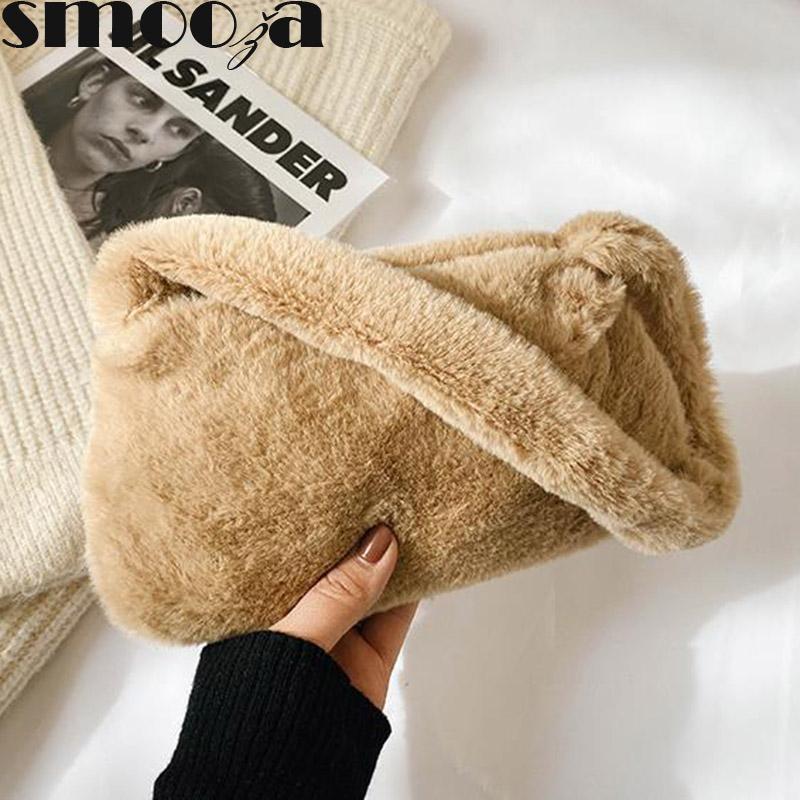 

SMOOZA Women Plush Shoulder Bags Solid Color Mini Handbags Casual Fashion Underarm Wild Plush 2021 New Zipper Casual Vintage Bag, Black