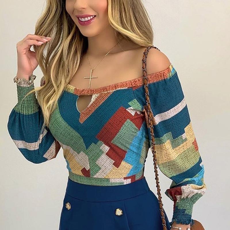 

Vintage Geometric Printed Blouse For Women Autumn Off Shoulder Shirts Tops Ladies Sexy Hollow Out Blouses Lantern Sleeve Blusas, Multicolor