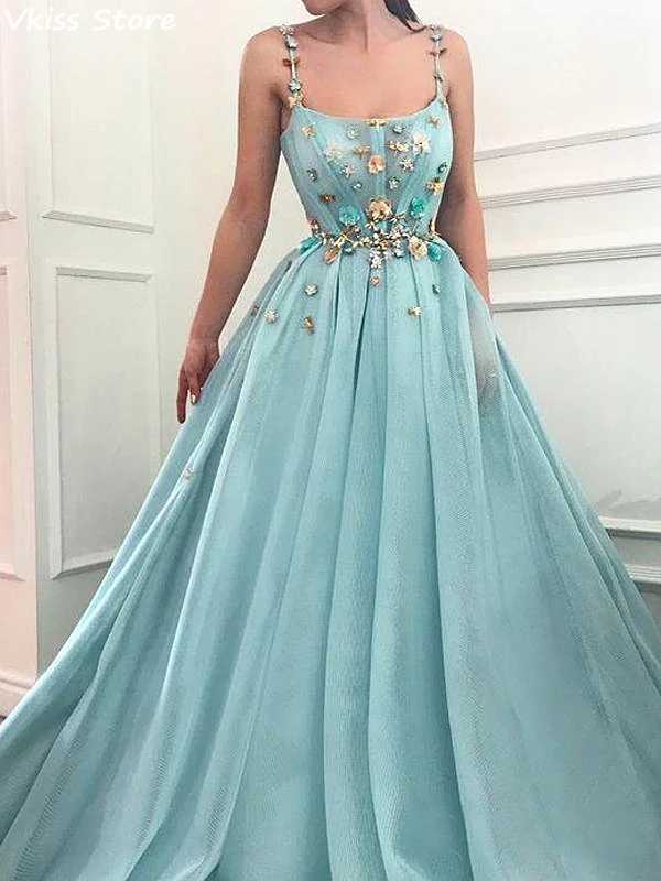 

Sky Blue Evening Dress A-line Spaghetti Strap Floor Length Tulle Square Neck Flowers Sexy Prom dresses for women 2020 elegant, Champagne