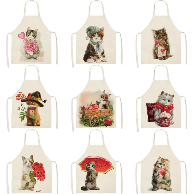

Women Kitchen Aprons Cute Cats Printed Waterproof Cooking oil-proof Cotton Linen Antifouling Chef Apron 68*55cm 0124