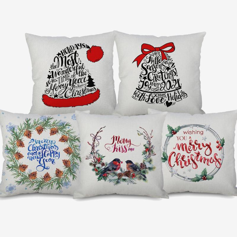 

Hand Painting Merry Christmas Tree Wreath Cushion Covers Xmas Car Birds Cushion Cover Sofa Linen Pillow Case, 11