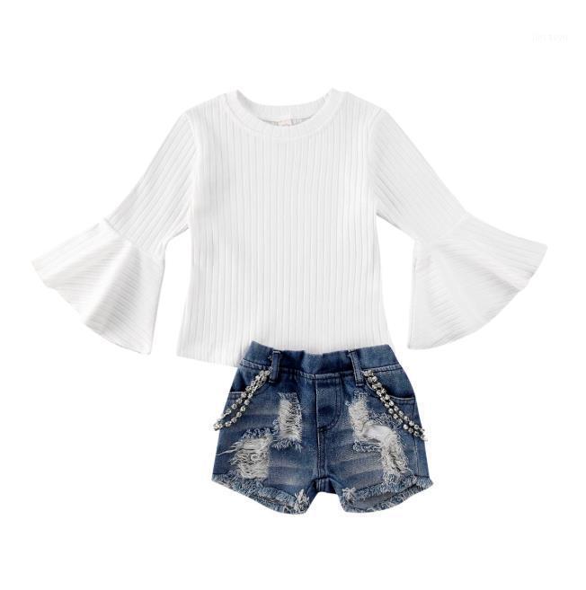 

Girl Suit Baby Flare Sleeve Knitting White Loose Sweater Tops Short Chain Jeans Spring Fall Girls Clothes Set1