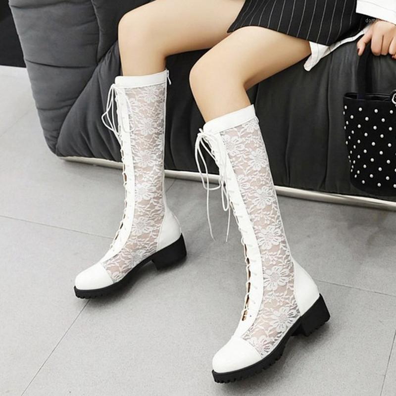 

2020 Women Mesh Boots Square Heels Lace-Up Knee-High Boots Office Ladies Summer Female Shoes Woman White Black Size 33-451