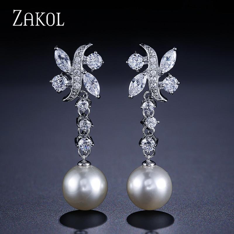 

ZAKOL Fashion Imitation Pearl Bride Wedding Jewelry Exquisite Cubic Zircon Flower Drop Earrings for Women Gift FSEP529