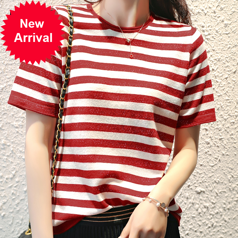 

2021 New Summer 100% Wool Thread Women's Neck-neck Striped Mesh Shirt Metal Girl Stripes T-shirt Short Sleeve Sweater Qzie, Red