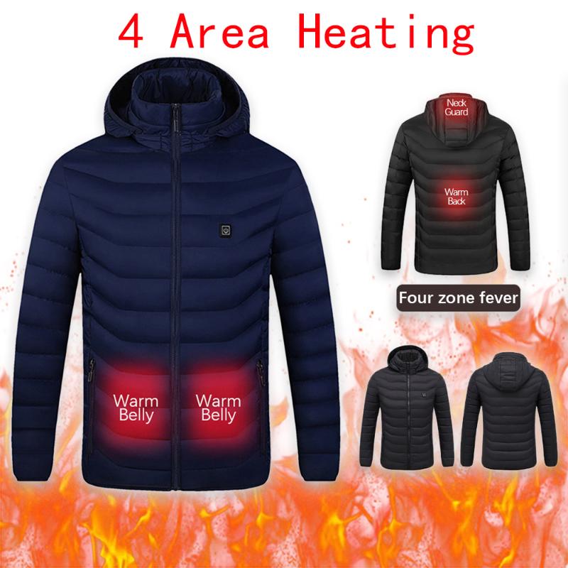 

USB Heating Vest Jacket Men Electric Heated Hooded Coat Camping Hiking Hunting Thermal Warmer Waterproof Jackets Winter Outdoor, Black