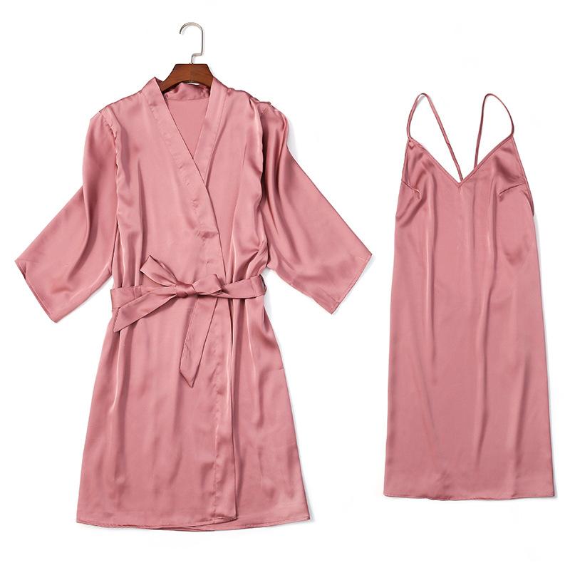 

Women 2PCS Kimono Robe Gown Suit Sexy V-Neck Backless Nightdress Autumn Solid Nightgown Rayon Night Dress With Belt Bathrobe, Black