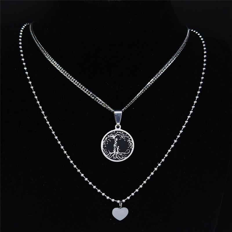

2PCS Stainless Steel Double Layered Chain necklace Women Tree of Life Family Mom Baby Black Enamel Necklaces Jewelry N1990S01