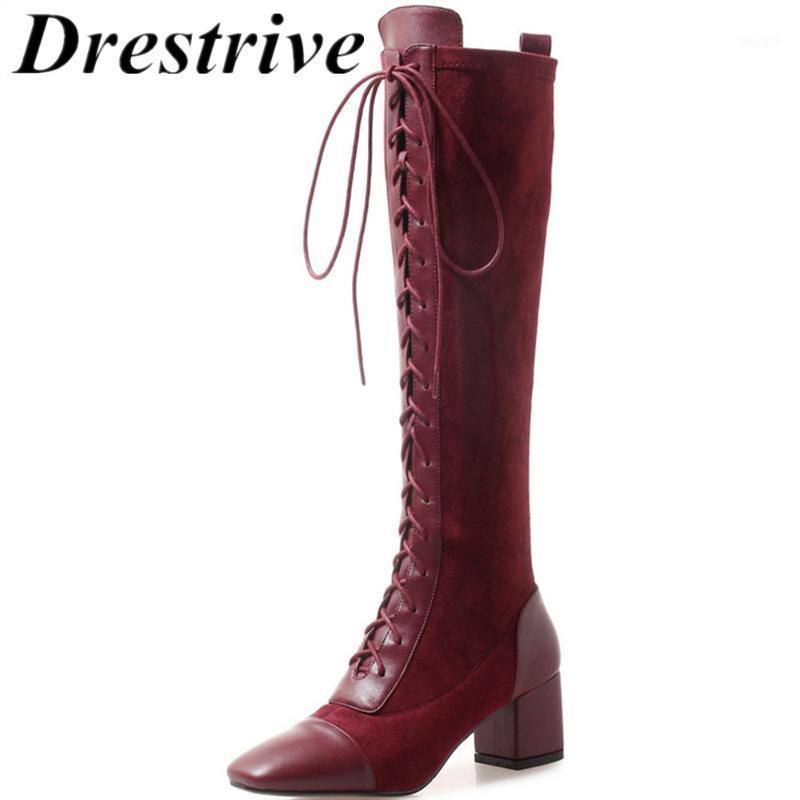 

Drestrive 2020 New Women Boots Knee High Mid Thick Heel 6 cm Cross Tied Girls Winter Shoes Large Size 42 Cow Leather Patchwork1, Black
