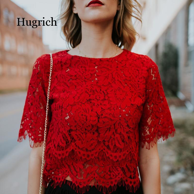

2021 Red Loose Blouse Women Short Sleeve Tops Shirt Casual Lace Tops Shirt Fashion Women Ladies Clothing, Black