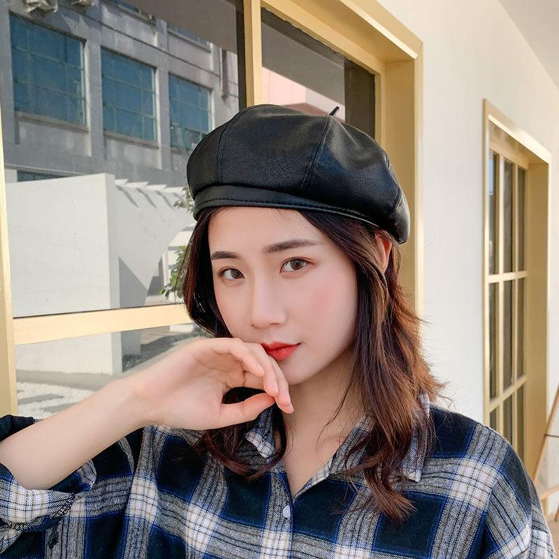 

2020 Fashion Women's PU Leather Octagonal Newsboy Cap Vintage Hat Beret Style Vintage Leather Hat Denim gorro wholesale, As pic
