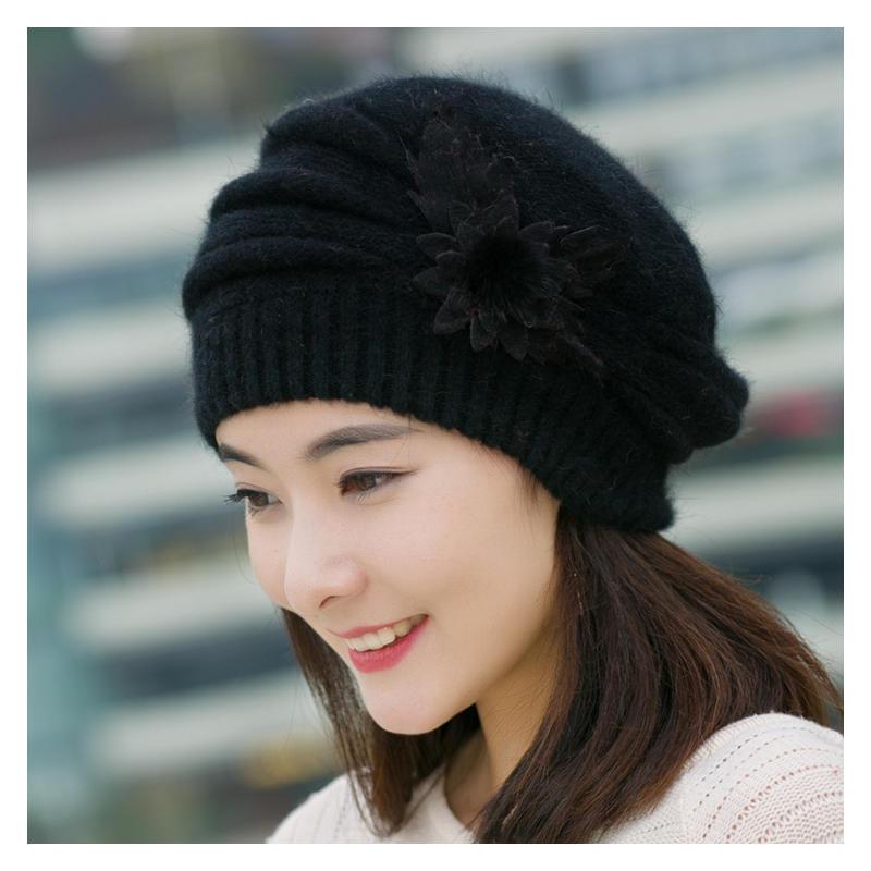 

Beanie/Skull Caps Womens Girls Warm Casual Comfort Knitted Hats Flower Decor Solid Color Flat For Winter Spring Outdoor Skiing Beanies, Purple
