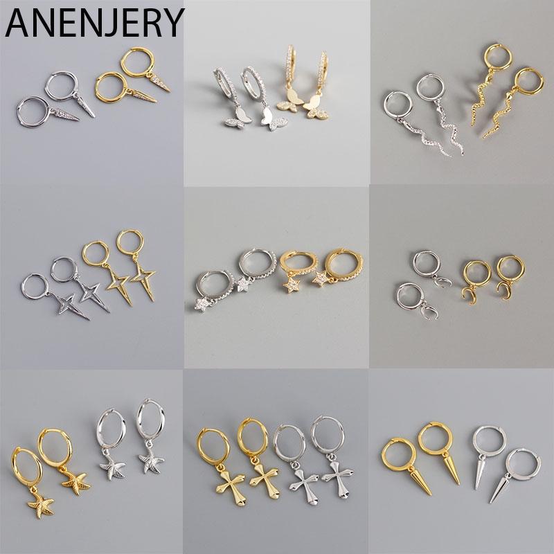 

ANENJERY 925 Sterling Silver Punk Hip-Hop Geometric Pendant Hoop Earrings for Women Gold Party Jewelry Accessories Wholesale