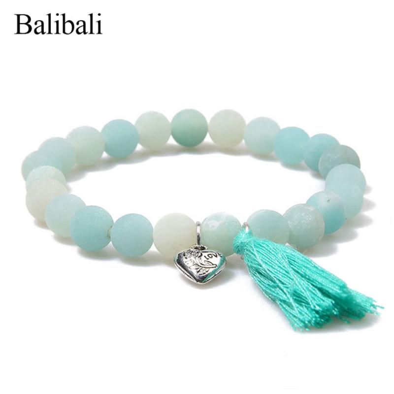 

Balibali Boho Love Heart Bracelets for Women Matte Semi-precious Stones Strand Bracelet Handmade Healing Tassel Bangles Bileklik, Golden;silver