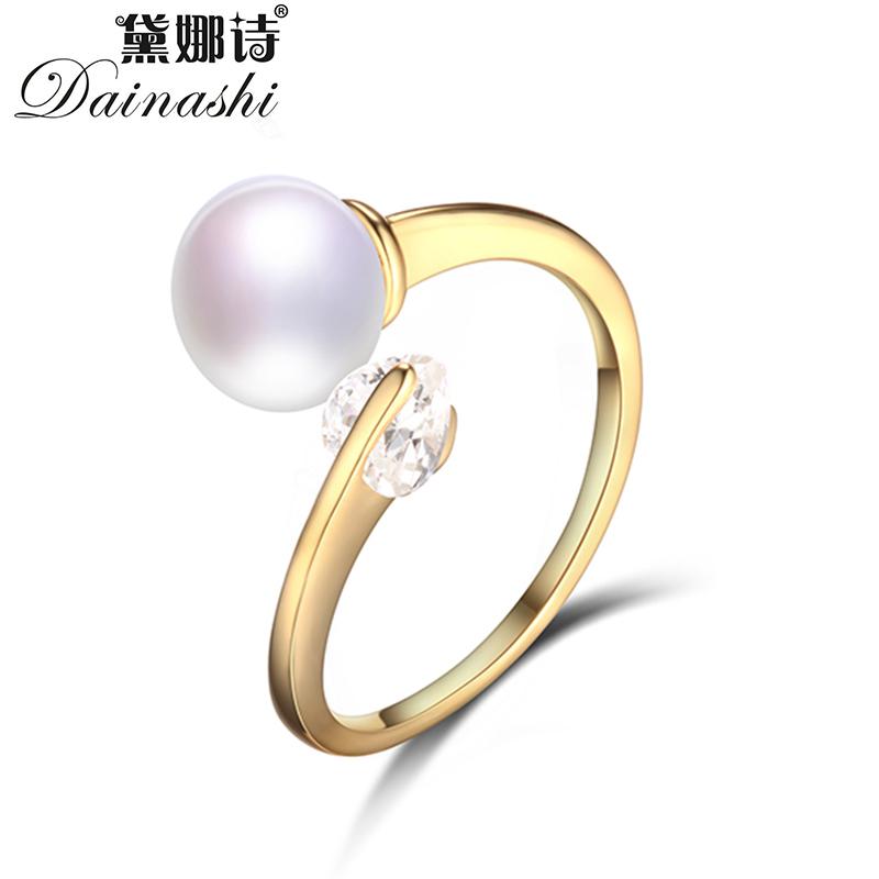 

Dainashi Gold Color 925 Sterling Silver Single Zircon Ring Fashion Design 100% Genuine Freshwater Cultured Pearl Ring Party Gift