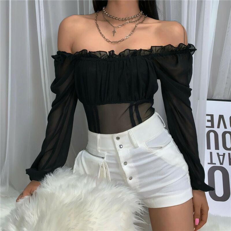 

Ladies Women Bodysuit Off Shoulder Spring Long Sleeve Mesh Solid Black Playsuit Bodycon Party Jumpsuit Romper Top Clothing