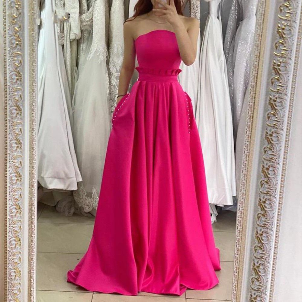

New Fuchsia A Line Satin Evening Dresses Long Strapless Pleats Prom Gowns with Bead Pockets Women's Formal Party Dress Vestidos De Fiesta robe de soiree 2022, Orange
