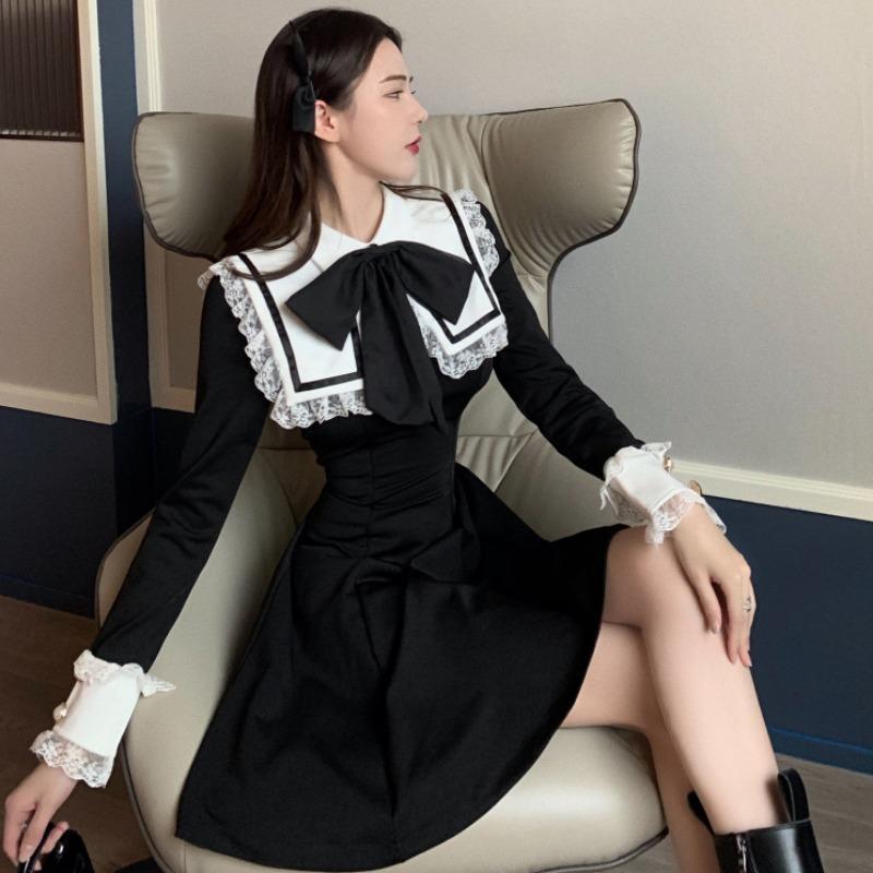 

Sailor Collar Dresses Autumn Winter 2020 New Sweet Style Patchwork Lace Bow Long Sleeve Evening Party Mini-dress Fashion Brand, Black