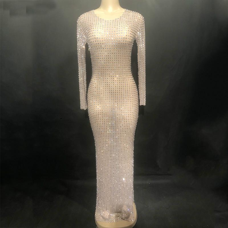 

Sexy Full Rhinestones Mesh Long Dress See Through Women's Fashion Birthday Dress Stage Female Singer Show Birthday Party