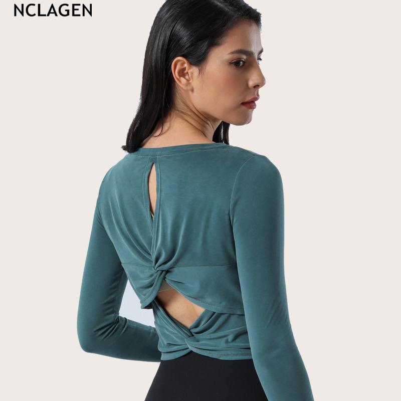 

NCLAGEN 2021 Sports Crop Top Women Yoga Shirt Long Sleeve Fitness Hole Running Workout Sexy Breathable Active Wear Gym Pullover, Black