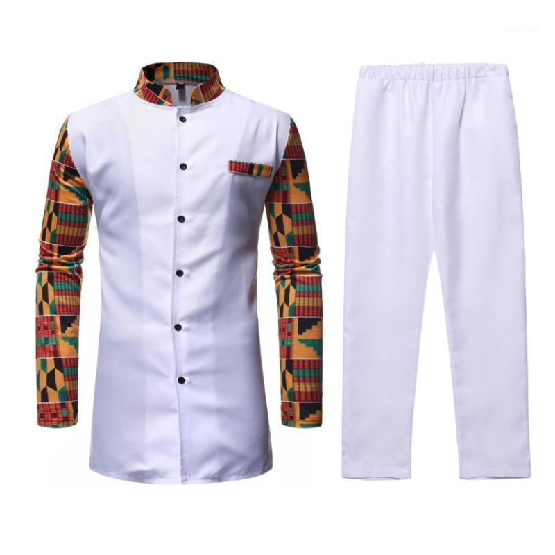 

Stand Collar Patchwork African Dashiki Shirt for Man Tribe Chief Vacanda Clothing Set Male White Tops Trousers Bazin Riche1