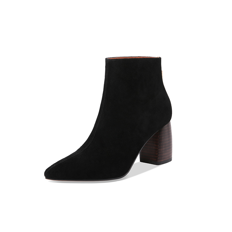 

Ins hot cow suede women's ankle boots more size pointed to solid winter shoes warm zipper all game 3 colors KIFO, Black