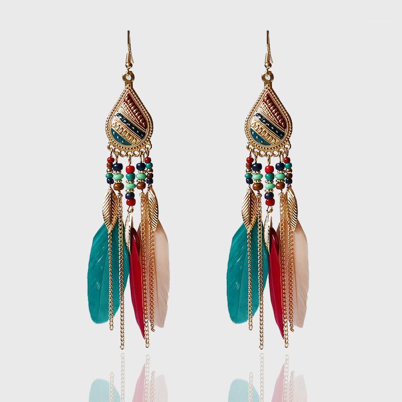 

Dangle & Chandelier Ladies Europe Feather Bead Chain Alloy Trendy Jewelry Accessories Long Bohemian Vintage Gold Drop Earrings For Women1