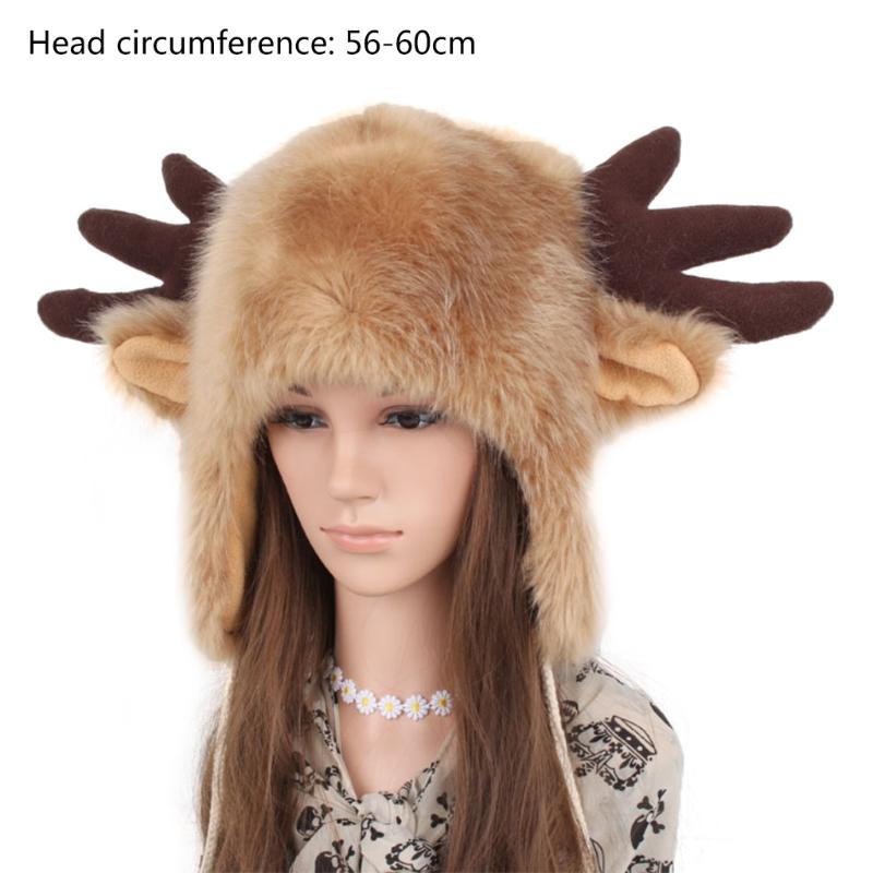 

Winter Furry Plush Trapper Hat Cute Ox Horns Deer Antlers Fluffy Earflap Cap 449F
