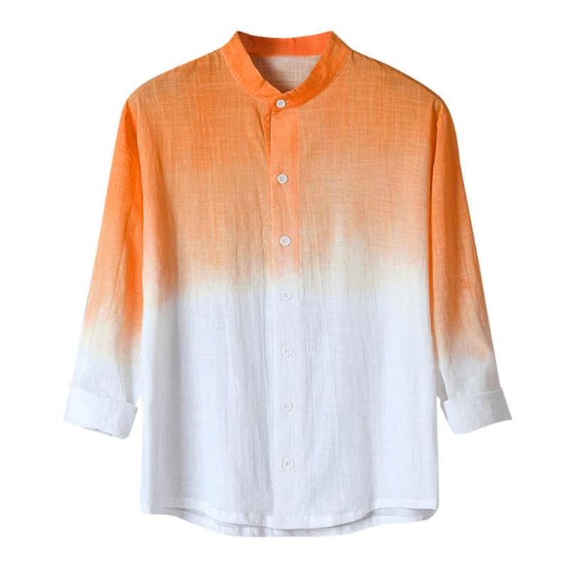 

Plus Size Mens Spring Long Sleeve Harajuku Stand Collar Blouse Summer Cool Thin Breathable Hanging Dyed Gradient Cotton Shirt, Blue