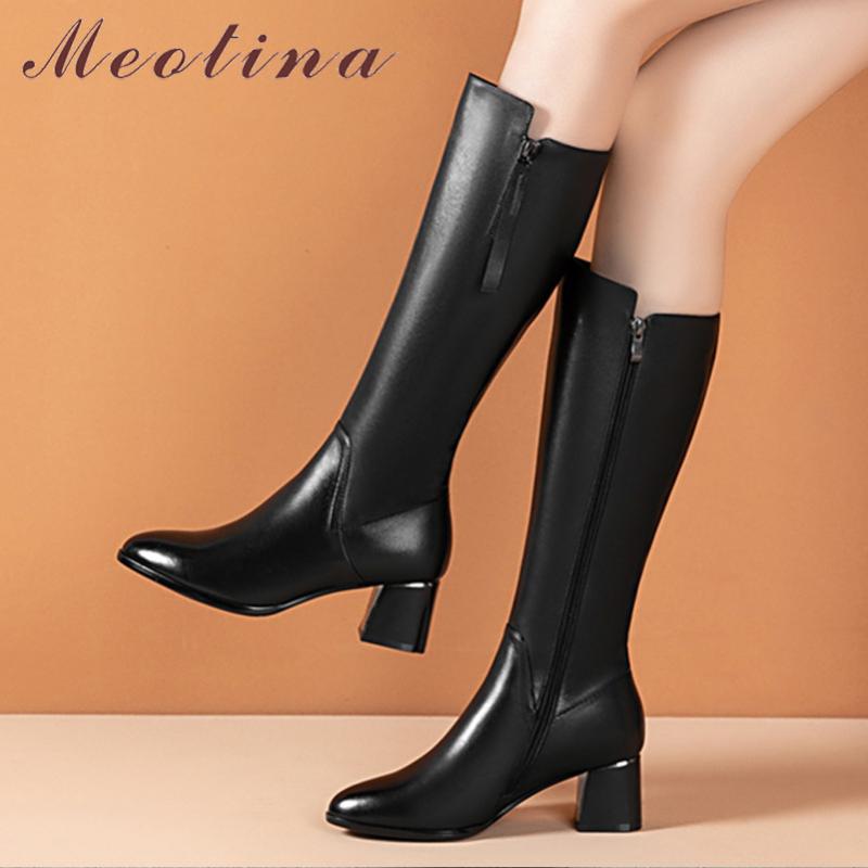 

Meotina Natural Genuine Leather Knee High Boots High Heel Woman Boots Chunky Heel Long Zipper Ladies Shoes Autumn Winter, Black